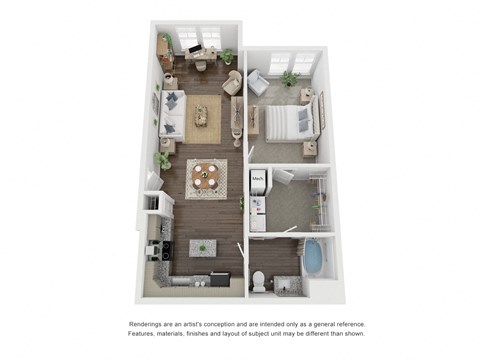 Floor plan for 1 bed, 1 bath, 812 sqft